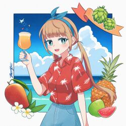 1girl absurdres alcohol beer blue_eyes bow_hairband brown_hair collared_shirt commentary_request cup day denim drink flower food food_request fruit hairband hawaiian_shirt highres holding holding_cup jeans long_hair low_twintails mango nail_polish ocean open_mouth original outdoors pants pineapple ryzrock shirt shirt_tucked_in short_sleeves sky smile solo summer twintails water