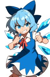 1girl bandaid bandaid_on_cheek bandaid_on_face bloomers blue_bow blue_dress blue_eyes blue_hair bow cirno clenched_hands commentary detached_wings dress english_commentary grin hair_between_eyes hair_bow highres ice ice_wings looking_at_viewer osa_(osavocaloid) puffy_short_sleeves puffy_sleeves short_hair short_sleeves simple_background smile solo touhou underwear white_background white_bloomers wings