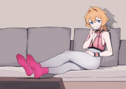 1boy absurdres bare_shoulders black_choker blonde_hair blue_eyes choker couch crossdressing eating feet flat_chest food full_body grey_pants highres ice_cream indoors lan_mao_akko legs long_hair looking_to_the_side low_ponytail male_focus on_couch original pants pink_socks ponytail sitting socks soles solo trap