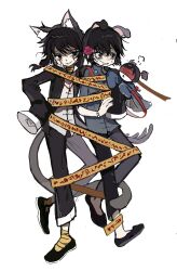 Rule 34 | 2boys, @ @, absurdres, animal ears, bandage on face, bandaged foot, bandages, black eyes, black hair, black jacket, black pants, black shoes, blue shirt, bound together, bracelet, cat boy, cat ears, cat tail, chinese commentary, commentary request, crying, crying with eyes open, dog boy, dog ears, dog tail, facial tattoo, flower, freckles, fu shun (touqi guaitan), full body, grin, hair flower, hair ornament, hand on own hip, hand puppet, highres, jacket, jewelry, kemonomimi mode, long sleeves, long zhi feng di renxin poce, multiple boys, open clothes, open jacket, pants, pink flower, puppet, shirt, shoes, short bull, short hair, simple background, sleeves past fingers, sleeves past wrists, smile, tail, tattoo, tears, touqi guaitan, white background, white shirt, ziche fuzhao