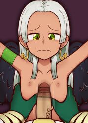 1boy 1girl armband arms_up bar_censor black_wings blood breasts breasts_squeezed_together censored chain chained closed_mouth collarbone earrings ears feathered_wings flat_chest grabbing_another&#039;s_breast green_eyes groping highres loli long_hair looking_at_penis motion_lines naizuri nekosatsu1 nipples nose one_piece paizuri penis pov pov_hands rape restrained s-snake sidelocks silver_hair simple_background snake_earrings star-shaped_pupils star_(symbol) symbol-shaped_pupils teeth upper_body upper_teeth_only veins wavy_mouth wings worried