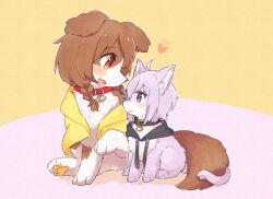 ahoge animal animal_collar animal_focus animalization blush braid brown_eyes brown_hair cat closed_mouth clothed_animal collar dog heart hololive intertwined_tails inugami_korone jacket looking_at_viewer low_twin_braids nako_(user_wnnm5534) nekomata_okayu no_humans open_mouth purple_eyes purple_fur purple_hair short_hair sitting smile twin_braids virtual_youtuber yellow_jacket