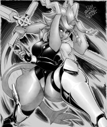 1girl 2023 absurdres animal_ears antlers asymmetrical_gloves bottomless breasts curvy fingerless_gloves furry furry_female gloves highres horns large_breasts monochrome pltnm_ghost pseudoregalia rabbit_ears reverse_grip signature sketch sword sybil_(pseudoregalia) tail thick_thighs thighs weapon wide_hips