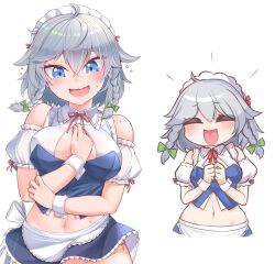 1girl bare_shoulders blue_eyes blush breasts groin harunoha highres izayoi_sakuya maid medium_breasts navel open_mouth panties side-tie_panties simple_background solo sweat sweatdrop tearing_up touhou underwear white_background