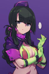 Rule 34 | ..., 1girl, bikini, black shrug, blunt bangs, braid, breasts, commentary request, commission, cosplay, elbow gloves, expressionless, florence nightingale (fate), florence nightingale (trick or treatment) (fate), florence nightingale (trick or treatment) (fate) (cosplay), garrison cap, gloves, green bikini, green gloves, hat, hoshino setsuka, layered bikini, long hair, looking at viewer, pixiv commission, purple background, purple bikini, shrug (clothing), sidelocks, simple background, solo, spoken ellipsis, star (symbol), star print, starmine (manga), stroma, swimsuit, upper body