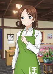 1girl apron arm_at_side blue_eyes blush breasts brown_hair calendar_(object) ceiling_light closed_mouth collared_shirt counter display display_case food green_apron hand_on_own_chest hanging_light indoors kintsuba kosaka_honoka&#039;s_mother long_sleeves looking_at_viewer love_live! love_live!_school_idol_festival love_live!_school_idol_project mature_female medium_breasts medium_hair noren official_art parted_bangs plant poster_(object) potted_plant shirt shop smile solo standing tachi-e tile_floor tiles upper_body wagashi white_shirt