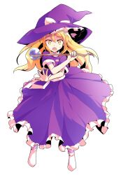 1girl blonde_hair bobby_socks bow dairi double-parted_bangs dress dress_ribbon floating_clothes floating_hair frilled_dress frilled_hat frills full_body hat hat_bow highres holding holding_wand kirisame_marisa kirisame_marisa_(pc-98) large_variant_set legs_apart long_hair looking_at_viewer no_shoes open_mouth orb outstretched_arm palms purple_dress purple_hat raised_eyebrows ribbon scepter short_sleeves simple_background socks solo standing straight-on straight_hair surprised sweatdrop tachi-e touhou touhou_(pc-98) transparent_background variant_set wand white_bow white_ribbon white_socks witch_hat yellow_eyes