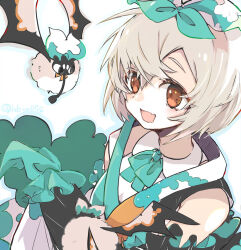 Rule 34 | 1girl, :d, arcaea, ayu (arcaea), bare shoulders, blonde hair, bow, bowtie, brown eyes, collared shirt, crossed bangs, drooling, familiar, fang, green bow, green bowtie, green hat, hair bow, hat, highres, mouth drool, natonatofull, open mouth, shirt, short hair, skin fang, sleeveless, sleeveless jacket, sleeveless shirt, smile, twitter username, white background, white shirt