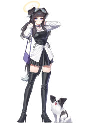 1girl absurdres alfie_(tmdals7645) alternate_costume animal animal_collar animal_ears bag black_boots black_hair blue_archive blue_eyes bodice boots collar commentary dog dog_ears dog_girl dog_tail dress_shirt english_commentary eyewear_on_head goggles goggles_on_head halo handbag hibiki_(blue_archive) highres shirt sidelocks simple_background skirt tail thigh_boots twintails white_background yellow_halo