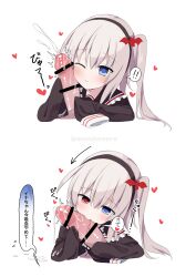 ! 1boy 1girl absurdres arrow_(symbol) bar_censor bat_hair_ornament black_hairband black_shirt blood blood_sucking blue_eyes censored cum ejaculation fellatio grey_hair hair_ornament hairband heart hetero highres long_hair long_sleeves one_side_up oral original penis rnond shirt sleeves_past_fingers sleeves_past_wrists speech_bubble translation_request vampire