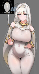 1girl absurdres antenna_hair azz0422 bare_shoulders bodysuit breasts claw_pose closed_mouth covered_eyes cowboy_shot creature_and_personification curvy dot_mouth expressionless fake_claws gen_7_pokemon gold gold_claws gold_necklace hair_intakes hair_ornament hairband half-closed_eyes hands_up highres humanization jewelry large_breasts long_eyelashes looking_at_viewer mole mole_under_eye necklace nintendo official_art_inset personification pheromosa pokemon purple_eyes solo thick_thighs thighs ultra_beast white_bodysuit white_hair wide_hips