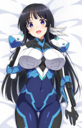 Rule 34 | 1girl, black hair, blush, bodysuit, breasts, covered navel, feather hair ornament, feathers, hair ornament, jinki, kiikii (kitsukedokoro), large breasts, looking at viewer, navel, on bed, open mouth, purple eyes, smile, solo, tsuzaki aoba, two-tone bodysuit