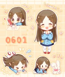 &gt;_&lt; +++ 1girl aged_down blue_shirt blue_skirt blush_stickers brown_eyes brown_hair buttons chibi chibi_only chinese_commentary closed_eyes cohana collared_shirt commentary_request drawing_(action) gakuen_idolmaster highres holding holding_pencil idolmaster kindergarten_uniform kuramoto_china long_hair long_sleeves multiple_views official_alternate_costume open_mouth own_hands_clasped own_hands_together pantyhose pencil pocket red_shoes shirt shoes skirt smile star_(symbol) tripping white_pantyhose yurie_mouth