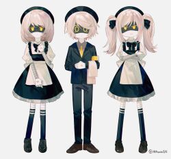 1boy 2girls android armband asymmetrical_eyelashes black_hairband black_jacket bow face_filter formal_clothes grey_hair grey_tongue hairband highres hokky_oku horizontal-striped_socks humanoid_robot j_(murder_drones) jacket joints long_hair looking_at_viewer maid mecha mechanical_arms multiple_girls murder_drones n_(murder_drones) orange_armband robot robot_girl robot_joints short-sleeved_jacket short_hair short_sleeves simple_background skirt skirt_suit suit symbol-shaped_eyes tuxedo_shirt twintails v_(murder_drones) white_hair yellow_armband yellow_eyes yellow_undershirt