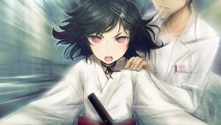 2boys adam&#039;s_apple beard_stubble black_hair blush bob_cut bokken breast_pocket brown_pants chihaya_(clothing) choker coat collarbone eyes_out_of_frame facial_hair fingernails floating_hair game_cg hair_ornament hairclip hakama hakama_skirt hand_on_another&#039;s_shoulder head_out_of_frame highres huke incoming_attack japanese_clothes kosode lab_coat lapels long_sleeves looking_at_viewer messy_hair miko motion_blur motion_lines multiple_boys non-web_source notched_lapels object_in_pocket official_art okabe_rintarou open_mouth pants pen_in_pocket pink_eyes pink_lips pocket red_hakama red_sash ribbon_choker ribbon_trim ringed_eyes sash sheath sheathed shirt shouting skirt skull_hair_ornament square_pupils steins;gate steins;gate:_my_darling&#039;s_embrace stubble sword t-shirt talking tongue trap urushibara_ruka v-shaped_eyebrows waist_sash weapon white_coat white_shirt wide_sleeves wooden_sword