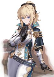 1girl against_desk black_bow black_capelet black_gauntlets blonde_hair blue_capelet blue_eyes book book_stack bow breasts capelet commentary cross cross_earrings earrings gauntlets genshin_impact hair_between_eyes hair_bow hand_up highres jean_(genshin_impact) jean_(gunnhildr&#039;s_legacy)_(genshin_impact) jewelry large_breasts long_hair looking_at_viewer mon-chan multicolored_capelet official_alternate_costume pants ponytail sidelocks solo tight_clothes tight_pants vest white_background white_pants white_vest