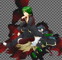 Rule 34 | 1boy, 1girl, alchemist (ragnarok online), black coat, black hair, black pants, black shoes, blue eyes, brown cape, brown coat, cape, coat, colored shoe soles, commentary request, detached sleeves, fake transparency, full body, gold trim, green hair, green shoes, green sleeves, grin, hair over one eye, long hair, looking afar, looking at viewer, meiko (nattu303), multicolored coat, pants, priest (ragnarok online), purple eyes, ragnarok online, shaded face, shoes, short hair, smile, two-tone coat