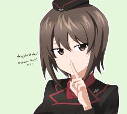 Rule 34 | 1girl, aikir (jml5160), black jacket, brown eyes, brown hair, cross, finger to mouth, garrison cap, girls und panzer, green background, hair between eyes, happy birthday, hat, highres, iron cross, jacket, kuromorimine military uniform, looking at viewer, military, military hat, military uniform, nishizumi maho, red shirt, shirt, short hair, shushing, simple background, smile, solo