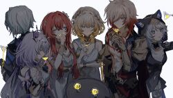 2boys 4girls aglaea_(honkai:_star_rail) anaxa_(honkai:_star_rail) ancient_greek_clothes animal_ear_fluff animal_ears animal_hood armored_gloves black_coat black_tiara blonde_hair breast_tattoo breasts castorice_(honkai:_star_rail) cat_ears cat_girl cat_hood chrysos_heirs_(honkai:_star_rail) cipher_(honkai:_star_rail) cleavage coat cocktail_glass cup dress drink drinking_glass gold_gloves greco-roman_clothes green_eyes grey_hair highres holding holding_cup honkai:_star_rail honkai_(series) hood inagoinaire laurel_crown long_hair multiple_boys multiple_girls mydei_(honkai:_star_rail) pointy_ears pouring pouring_onto_self purple_hair red_hair red_tattoo short_hair short_hair_with_long_locks simple_background tattoo tiara toned toned_male tongue tongue_out tribios_(honkai:_star_rail) white_background white_dress yellow_eyes