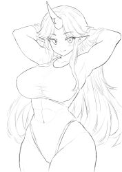 1girl abs alternate_costume armpits arms_behind_head arms_up bare_shoulders blush breasts closed_mouth collarbone covered_abs greyscale highres horns hoshiguma_yuugi kurapi_pref large_breasts long_hair looking_at_viewer monochrome one-piece_swimsuit oni pointy_ears simple_background single_horn smile solo star_(symbol) swimsuit touhou white_background