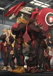 2girls 6+boys afk_(series) afk_arena animal_ears antandra_(afk) beak bear_boy bear_ears bear_tail bird_boy brutus_(afk) chinese_commentary commentary_request company_logo crossed_arms drez_(afk) fox_ears fox_girl fox_tail from_side furry furry_male highres kren_(afk) lion_boy lion_ears lion_girl lion_mane lion_tail mask mecha mecha_pilot_suit multiple_boys multiple_girls profile robot safiya_(afk) skriath_(afk) skull_mask tail tanjiu tidus_(afk) warek_(afk) wolf_boy wolf_ears wolf_tail
