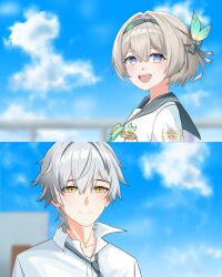 1boy 1girl absurdres blue_pupils blue_sky bow bowtie caelus_(honkai:_star_rail) closed_mouth cloud cloudy_sky collared_shirt ejpytr firefly_(honkai:_star_rail) firefly_(spring_missive)_(honkai:_star_rail) gradient_eyes green_bow green_bowtie grey_hairband grey_ribbon grey_sailor_collar hair_ornament hair_ribbon hairband highres honkai:_star_rail honkai_(series) multicolored_eyes open_mouth plaid_bow plaid_bowtie plaid_clothes ribbon sailor_collar shirt signature sky smile teeth trailblazer_(honkai:_star_rail) two-tone_eyes upper_teeth_only white_shirt