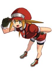 1girl :d bent_over black_gloves blonde_hair full_body gloves green_eyes hand_on_own_hip hat highres jacket long_hair looking_at_viewer mega_man_(series) mega_man_legends_(series) open_mouth red_hat red_jacket red_shorts roll_caskett_(mega_man) short_sleeves shorts smile solo tikuwabu_33