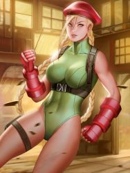 Rule 34 | 1girl, ahoge, audia pahlevi, beret, blonde hair, blue eyes, bracer, braid, breasts, cammy white, capcom, clenched hands, cowboy shot, elbow gloves, female focus, fingerless gloves, gloves, hair between eyes, harness, hat, highleg, highleg leotard, highres, huge ahoge, large breasts, leotard, lips, long hair, making-of available, pouch, red gloves, solo, street fighter, street fighter v, thigh pouch, thigh strap, toned, toned female, twin braids