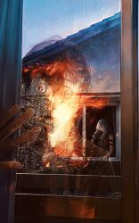 2boys blue_hair burning evil_smile fire highres house huli_xiaobai jujutsu_kaisen long_hair looking_at_another looking_at_viewer mahito_(jujutsu_kaisen) multiple_boys reflection scared smile stitched_face stitches