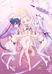 3girls absurdres ahoge animal_ear_fluff animal_ears armpits arms_up bandaid bandaid_hair_ornament bikini black_bikini black_hair black_halo blonde_hair blue_archive blush bow breasts butterfly_hair_ornament cameltoe closed_mouth cross_halo demon_girl demon_horns demon_wings double_bun feet fingernails fox_ears fox_girl fox_tail grey_eyes grey_halo hair_between_eyes hair_bun hair_ornament hairclip half-closed_eyes halo hat highleg highleg_panties highres hina_(blue_archive) horns kisaki_(blue_archive) loli long_hair looking_at_viewer low_wings lying multiple_girls navel negitail31 nurse nurse_cap open_mouth panties purple_eyes seia_(blue_archive) small_breasts smile swimsuit tail tail_bow tail_ornament thighhighs thighs toenails toes twintails underwear very_long_hair very_long_tail white_hair white_thighhighs wings yellow_halo