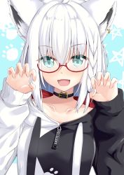 1girl absurdres animal_ear_fluff animal_ears black_choker blue_eyes borumete braid choker claw_pose collarbone commentary_request ear_piercing female_focus fox_ears glasses highres hololive hood hoodie looking_at_viewer multicolored_hair ookami_mio ookami_mio_(casual) open_mouth piercing shirakami_fubuki sidelocks smile solo streaked_hair virtual_youtuber white_hair