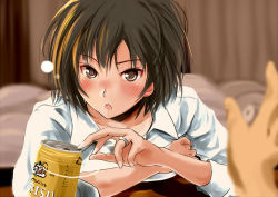 1girl :o alcohol amagami bed beer blush brown_eyes brown_hair can collarbone collared_shirt curtains drunk indoors jewelry looking_at_viewer murasaki_iro nanasaki_ai aged_up open_mouth out_of_frame pov revision ring shirt short_hair solo_focus upper_body wedding_band white_shirt wing_collar yebisu