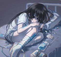 1girl ame-chan_(needy_girl_overdose) bags_under_eyes bandaged_leg bandages bed black_eyes black_hair blood blue_blood blurry_border curled_up drugs from_above hair_ornament hair_over_eyes hand_on_own_knee highres holding holding_own_hair hospital_bed hospital_gown intravenous_drip koharustuki long_hair lying messy_hair needy_girl_overdose on_side open_mouth pillow self-harm self-harm_scar sidelocks socks white_socks wrist_cutting x_hair_ornament yami_kawaii