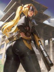 1girl absurdres ass black_gloves black_pants black_shrug blonde_hair breasts camouflage camouflage_pants commentary eye_mask gloves gun gunblade hair_ornament highres large_breasts long_hair outdoors pants parted_lips ponytail shrug_(clothing) snowmoeka solo tight_clothes tight_pants triangle_hair_ornament trigger_(zenless_zone_zero) weapon zenless_zone_zero