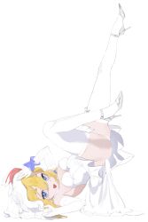 1girl absurdres alternate_costume artist_request blonde_hair blue_eyes breasts bright_pupils commission cookie_(touhou) dress elbow_gloves full_body gloves grey_shoes hair_between_eyes high_heels highres kirisame_marisa looking_at_viewer medium_breasts meguru_(cookie) open_mouth panties second-party_source shoes short_hair simple_background smile solo thighhighs tongue tongue_out touhou underwear upside-down white_background white_dress white_gloves white_panties white_pupils white_thighhighs
