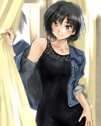 1girl amagami black_dress black_hair blue_jacket blush brown_eyes closed_mouth collarbone curtains denim denim_jacket dress duplicate female_focus hand_on_own_hip head_tilt indoors jacket jewelry looking_at_viewer mirror murasaki_iro nanasaki_ai off_shoulder open_clothes open_jacket reflection revision ring short_hair single_bare_shoulder three-quarter_sleeves smile solo unbuttoned upper_body