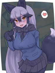 1girl animal_ears aramaru black_bow black_bowtie black_gloves black_hair blush bow bowtie breasts commentary extra_ears fang fox_ears fox_tail fur-trimmed_sleeves fur_trim gloves grey_hair hair_between_eyes heart highres jacket kemono_friends kemono_friends_3 large_breasts long_hair long_sleeves looking_at_viewer multicolored_hair open_mouth orange_eyes pantyhose pointing pointing_at_self silver_fox_(kemono_friends) skin_fang skirt smile spoken_heart tail