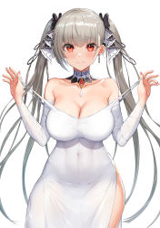 Rule 34 | 1girl, azur lane, bare shoulders, black bow, black ribbon, blush, bow, breasts, cleavage, closed mouth, clothes pull, collarbone, commentary request, covered navel, cowboy shot, detached collar, detached sleeves, dress, dress pull, earrings, female focus, formidable (azur lane), greem bang, grey hair, hair ribbon, highres, jewelry, large breasts, long hair, looking at viewer, nail polish, pulling own clothes, red eyes, ribbon, see-through clothes, see-through silhouette, side slit, simple background, single earring, skin tight, skindentation, smile, solo, standing, strap lift, twintails, two-tone ribbon, very long hair, white background, white dress, white ribbon, white sleeves