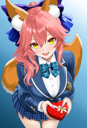 1girl absurdres alternate_costume animal_ear_fluff animal_ears aqua_bow aqua_bowtie bertstudent blue_bow blue_skirt bow bowtie box breasts chocolate fate/grand_order fate_(series) fox_ears fox_girl fox_tail gift hair_between_eyes hair_bow heart-shaped_box highres holding holding_gift huge_breasts large_breasts long_hair looking_at_viewer miniskirt open_mouth pink_hair plaid_bow plaid_bowtie plaid_clothes plaid_skirt pleated_skirt school_uniform skirt solo split_ponytail tail tamamo_(fate) tamamo_no_mae_(fate/extra) valentine yellow_eyes