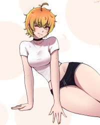 Rule 34 | absurdres, choker, dolphin shorts, fluffy hair, fraankyy, highres, mole, mole under mouth, original, shirt, short hair, shorts, t-shirt, thick thighs, thighs, wide hips