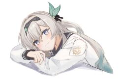 1girl black_ribbon blush collared_shirt doremifasorachi firefly_(honkai:_star_rail) firefly_(spring_missive)_(honkai:_star_rail) gradient_hair grey_hair grey_hairband grey_sailor_collar hair_between_eyes hair_intakes hair_ornament hair_ribbon hairband highres honkai:_star_rail honkai_(series) leaning_to_the_side light_smile long_sleeves multicolored_eyes multicolored_hair ribbon sailor_collar shirt solo two-tone_eyes white_shirt white_sleeves