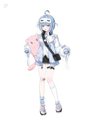 1girl absurdres ahoge black_skirt blue_hair full_body grey_eyes hanavi headphones headphones_around_neck highres jacket kneehighs looking_at_viewer miniskirt myowa official_art open_clothes open_jacket open_mouth pleated_skirt second-party_source shirt shoes short_hair simple_background skirt socks solo stuffed_animal stuffed_cat stuffed_toy thigh_strap virtual_youtuber white_background white_jacket white_shirt white_socks yanagi_nemu
