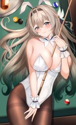 1girl absurdres animal_ears billiards blush bottle breasts closed_mouth collar commentary firefly_(honkai:_star_rail) hair_between_eyes hair_intakes hair_ornament hair_ribbon highres holding holding_stick honkai:_star_rail honkai_(series) large_breasts leggings leotard long_hair multicolored_eyes pantyhose playboy_bunny rabbit_ears ribbon shouhaku0512 solo stick white_collar wrist_cuffs
