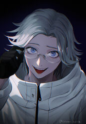 1boy adjusting_eyewear aotsuki_eito black_gloves blue_eyes glasses gloves grey_hair hood hood_down hooded_jacket jacket looking_at_viewer male_focus seiran_yoroz short_hair smile solo teeth the_hundred_line_-last_defense_academy- twitter_username upper_body upper_teeth_only white_jacket