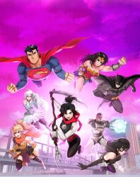3boys 5girls alternate_hairstyle asymmetrical_clothes asymmetrical_sleeves batman blake_belladonna breasts cityscape cleavage crossover cyborg cyborg_(dc) dark-skinned_male dark_skin dc_comics eye_mask flying gun highres holding holding_gun holding_scythe holding_polearm holding_weapon justice_league medium_breasts multiple_boys multiple_girls official_alternate_costume official_art polearm purple_sky ruby_rose rwby scythe sky small_breasts superman trident weapon weiss_schnee wonder_woman yang_xiao_long
