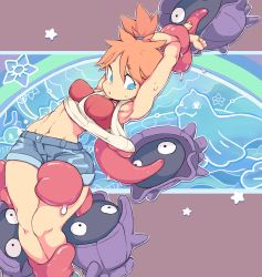 1girl alternate_breast_size armpits arms_up artist_name bestiality between_legs black_eyes blue_eyes blue_footwear blue_shorts blush bra breasts breasts_apart creatures_(company) eye_contact female_focus game_freak gen_1_pokemon groin gym_leader hair_tie legs_together light_blush linea_alba long_tongue looking_at_another looking_down medium_breasts midriff misty_(pokemon) navel nintendo open_mouth orange_hair outline pokemon pokemon_(creature) pokemon_lgpe pokephilia red_bra restrained saliva seel shellder shirt shoes short_hair short_shorts shorts side_ponytail signature solo_focus squirtle standing star_(symbol) starmilk staryu stomach sweat tank_top toned tongue tongue_out underwear white_outline white_shirt
