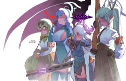 Rule 34 | 4girls, absurdres, ahoge, ako (blue archive), armband, bell, black gloves, blue archive, blue eyes, blue hair, bolt action, breasts, brown hair, chinatsu (blue archive), dark-skinned female, dark skin, demon girl, demon horns, demon wings, glasses, gloves, grey hair, gun, hair between eyes, hair ornament, hair over one eye, hair ribbon, hairband, hairclip, halo, handgun, highres, hina (blue archive), horns, iori (blue archive), long hair, long sleeves, looking at viewer, machine gun, mauser 98, mauser c96, mg42, multiple girls, multiple horns, neck bell, parted bangs, pointy ears, prefect team (blue archive), purple eyes, purple halo, red armband, red eyes, red halo, ribbon, rifle, sideboob, sideless outfit, skirt, twintails, very long hair, wasabee777, weapon, white hair, wings, yellow eyes