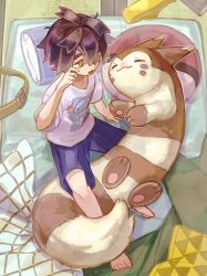 1boy alternate_costume arm_support barefoot black_hair character_print commentary_request creatures_(company) crossed_bangs furret game_freak gen_2_pokemon hand_up highres indoors kieran_(pokemon) knees male_focus merst_pere nintendo open_mouth poke_ball_print pokemon pokemon_(creature) pokemon_sv purple_shorts shirt short_hair short_sleeves shorts sitting t-shirt tatami toes white_shirt wooper yellow_eyes