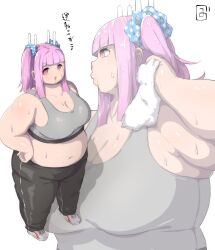 1girl arm_up armpits breasts cleavage fat from_side grey_sports_bra hair_ornament hand_on_own_hip japanese_text large_breasts lips medium_hair mizsawa multiple_views navel obese open_mouth original pants pink_eyes pink_hair plump polka_dot polka_dot_scrunchie scrunchie shoes sleeveless sneakers solo sports_bra standing sweat sweatpants towel twintails white_background zuisawa