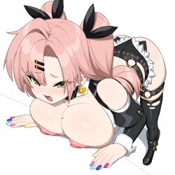 1girl absurdres ass black_ribbon black_shorts black_thighhighs blush breasts cromachina cutoffs earrings green_eyes hair_ornament hairclip heart heart_earrings highres jewelry large_breasts leaning_forward long_hair looking_at_viewer micro_shorts nicole_demara nipples open_mouth pink_hair ribbon shorts smile solo thighhighs two_side_up zenless_zone_zero